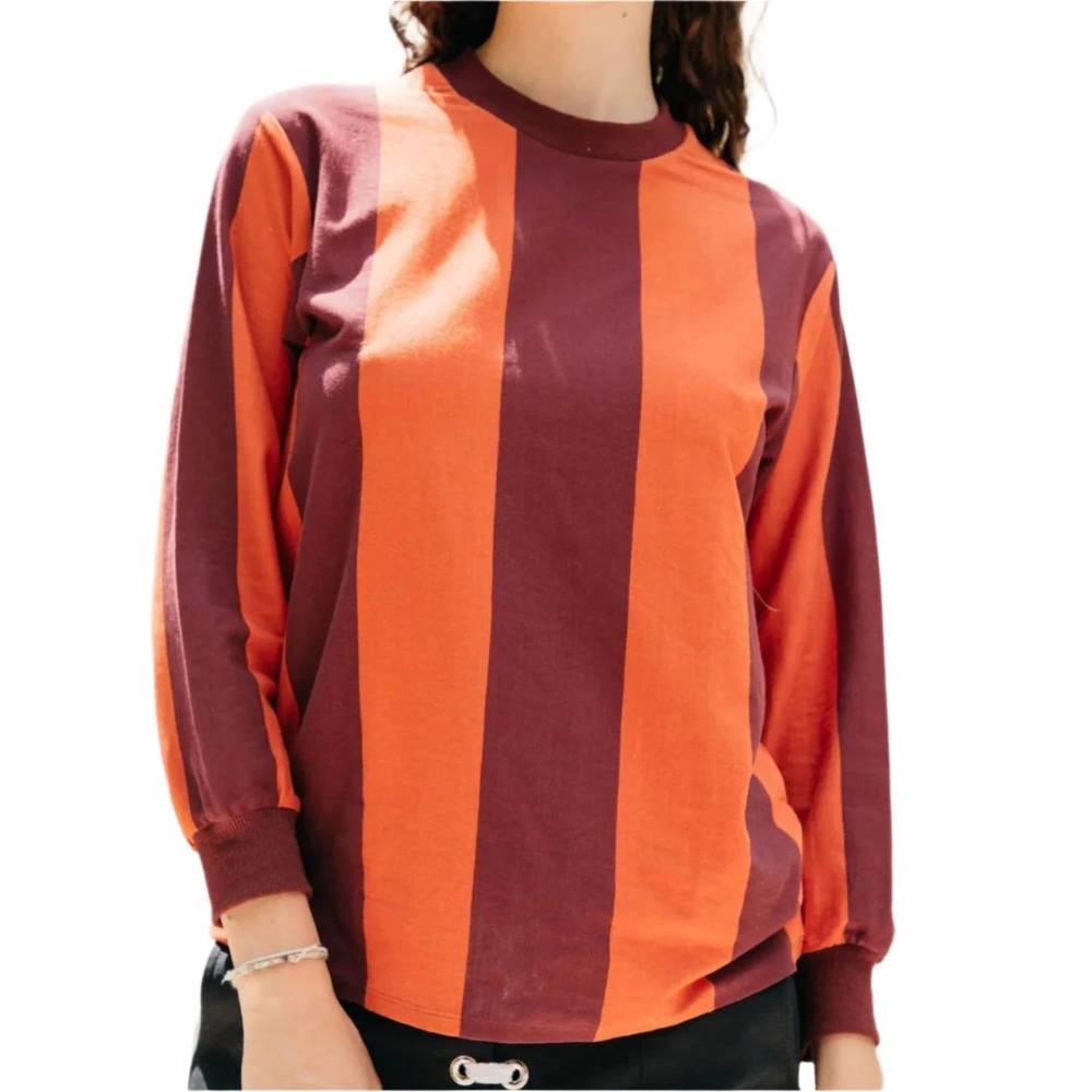 Long Sleeve Striped Tee in Orange and Burgundy